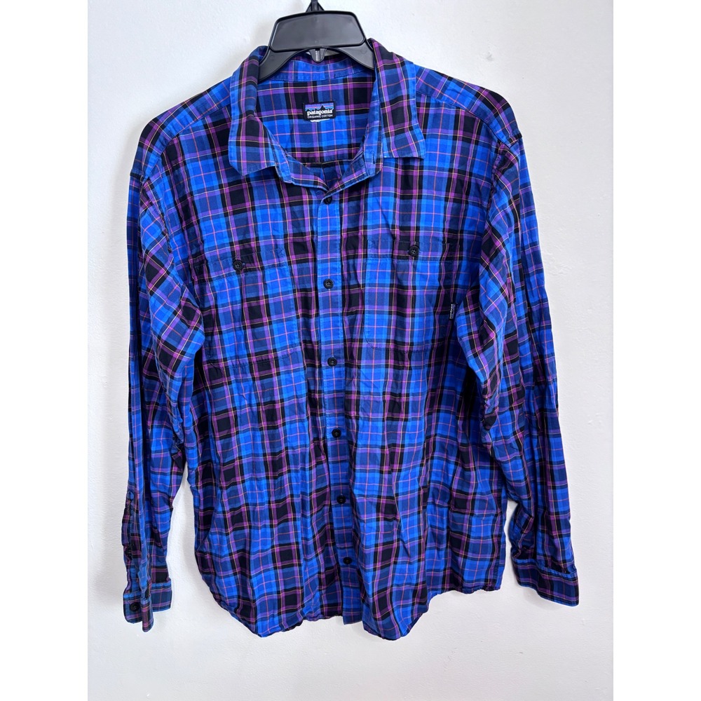 Patagonia Mens Organic Cotton Plaid Button Down Shirt Blue Purple XL